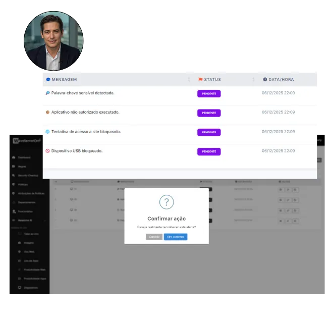 Dashboard do WSO mostrando painel de gestão de alertas, com gráfico de incidentes por categoria, lista de eventos críticos, níveis de prioridade e status de análise em tempo real