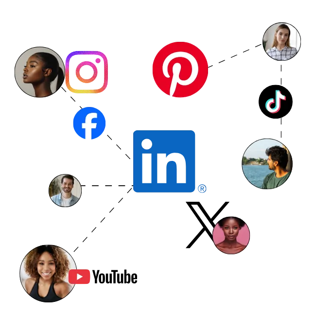 Ícones do Instagram, TikTok, Facebook, LinkedIn e YouTube representando o monitoramento de redes sociais realizado pelo WSO em dispositivos corporativos.